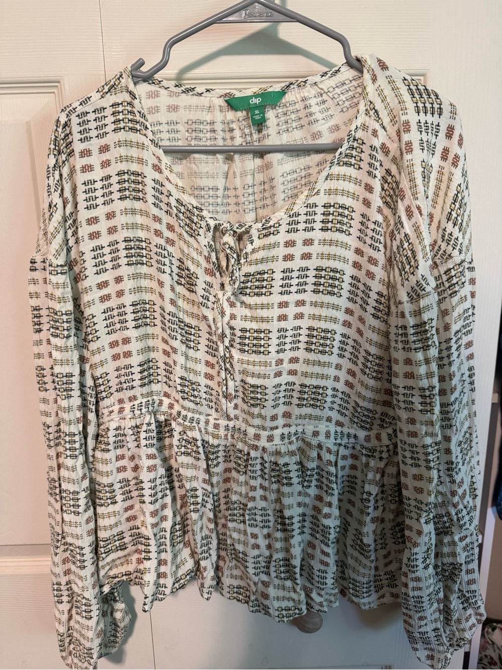 dip Cream Boho Peasant Top with Green and Brown Print